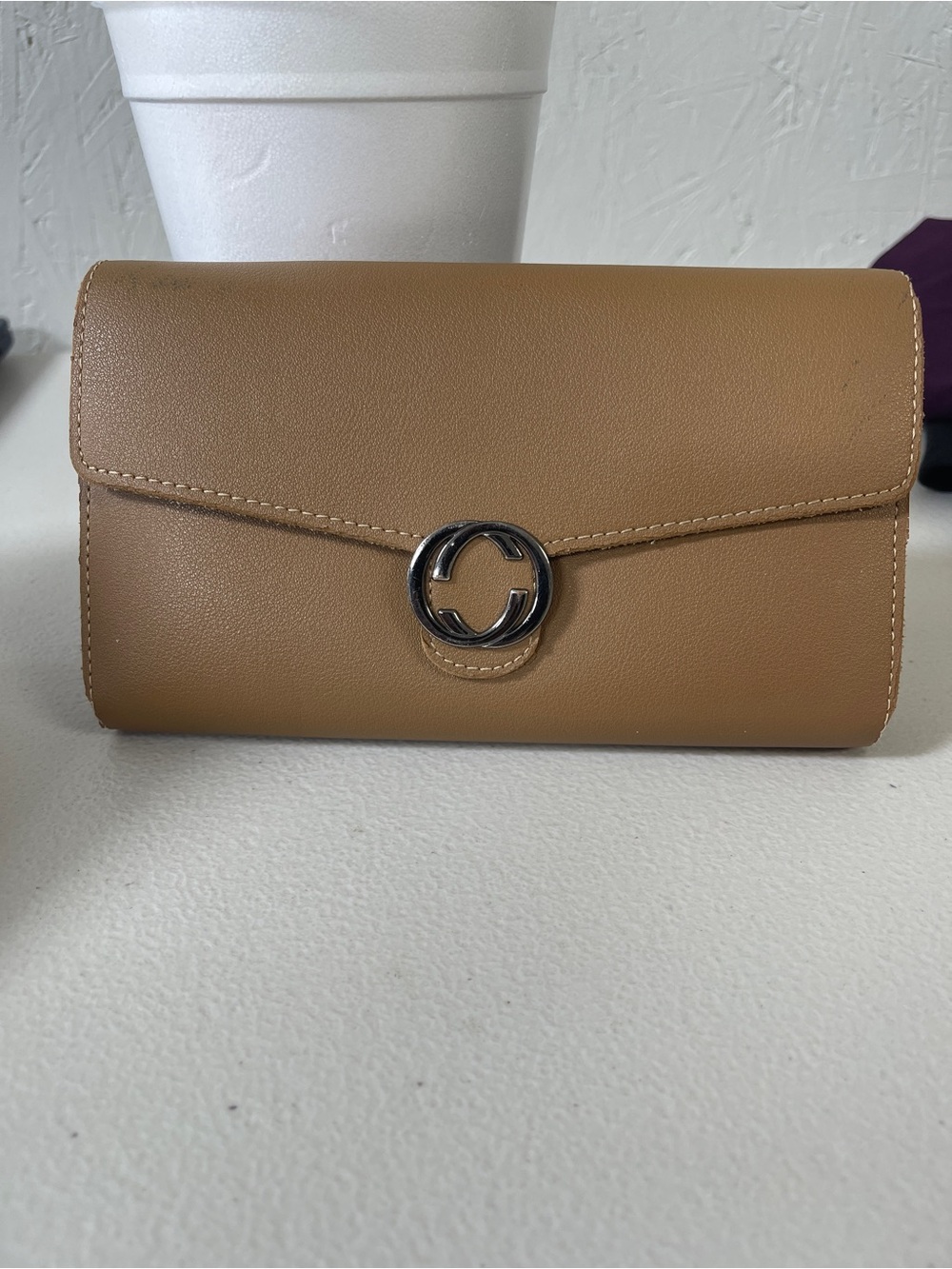 Camel Tan Envelope Wallet Clutch with Buckle Hardware